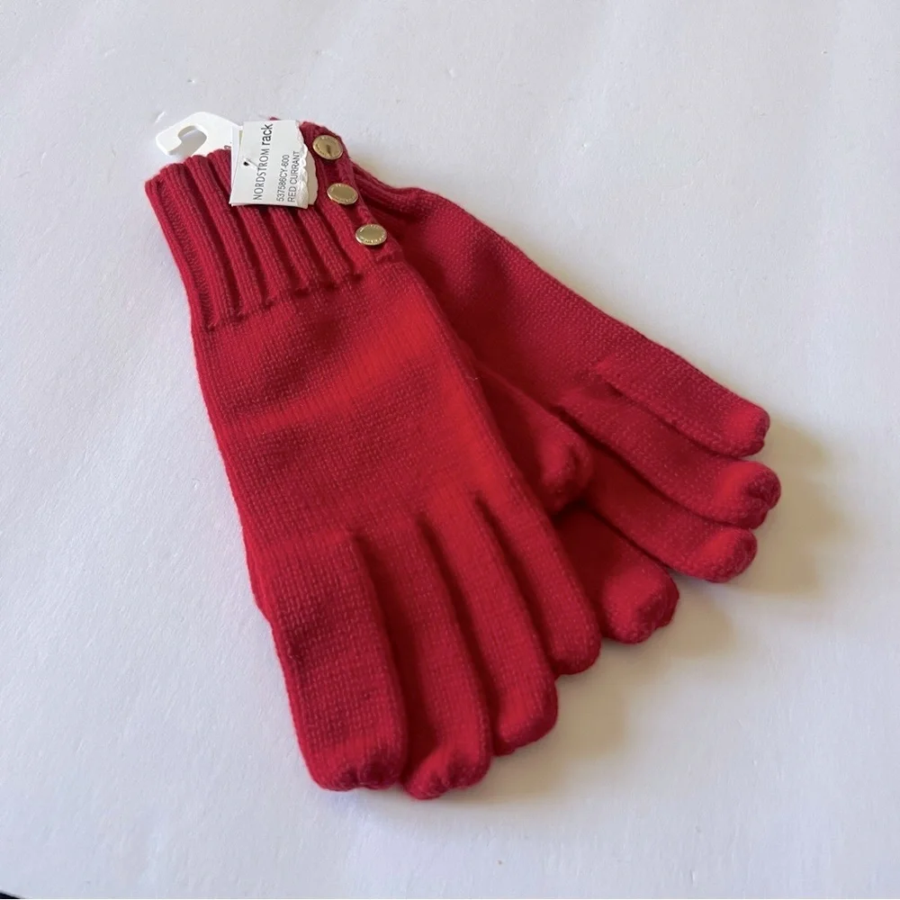 MICHAEL MICHAEL KORS WOMENS KNIT GLOVES WITH GOLD BUTTON DETAIL RED OS NWT